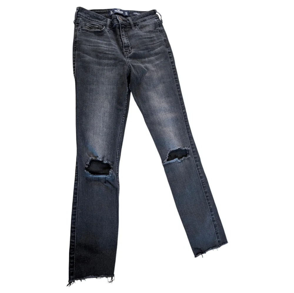 Hollister High Rise Crop Super Skinny Classic Stretch Black Ripped Jeans Size 0 - Picture 2 of 6